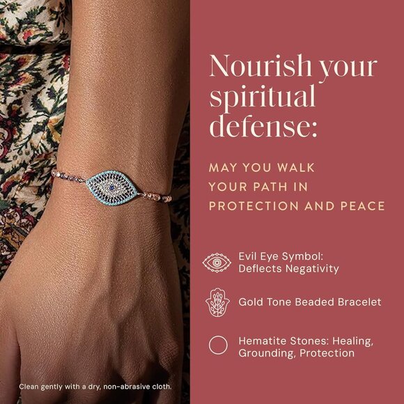 Women's Hematite Stone Beaded Bracelet with Evil Eye Charm Adjustable 5.5-7.5 in - Picture 3 of 7